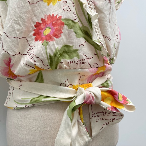 Calypso St. Barth Floral Wrap Ruffle Linen Blend Natural Shirt Size Large - Picture 5 of 11